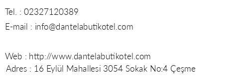 Dantela Butik Hotel telefon numaralar, faks, e-mail, posta adresi ve iletiim bilgileri